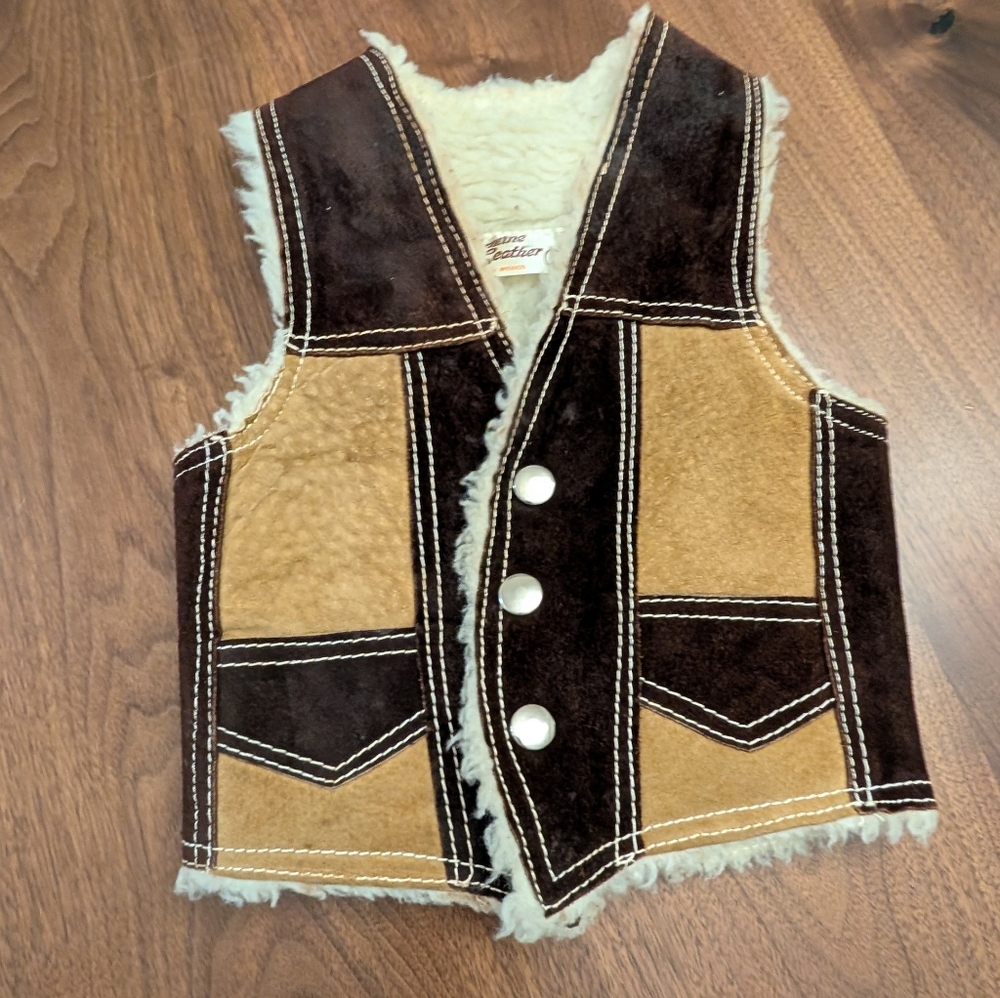 Vintage Kids Leather Patchwork Contrast Sheerling Brown and Tan Western Vest